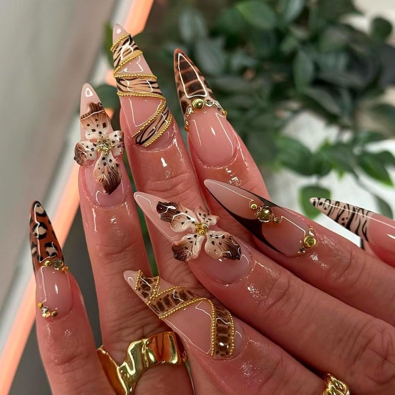 SEENEEY Almond Press on Nails Long Brown Flowers Stick on Nail for Women 24pcs - Image 1